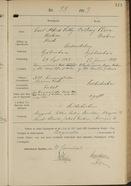 Carl og Valborgs borgerlige vielse, Københavns Rådhus, 1913